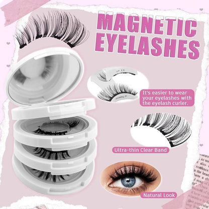 Reusable Magnetic Eyelashes 4 Pairs - Natural Look Kit with Applicator, Easy to Wear & Remove All-Day Comfort Cat Makeup