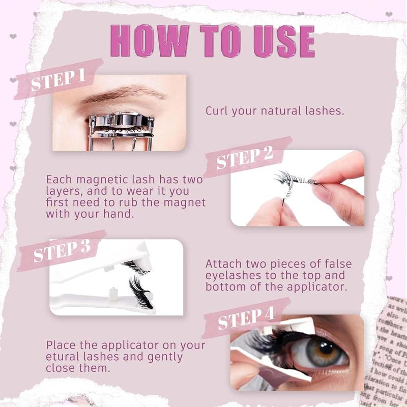Reusable Magnetic Eyelashes 4 Pairs - Natural Look Kit with Applicator, Easy to Wear & Remove All-Day Comfort Cat Makeup